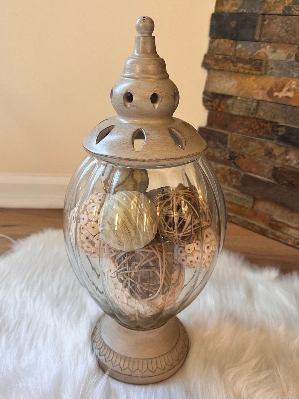 Decorative Glass Apothecary Jar with Lid & Neutral Decorative Balls— Decor